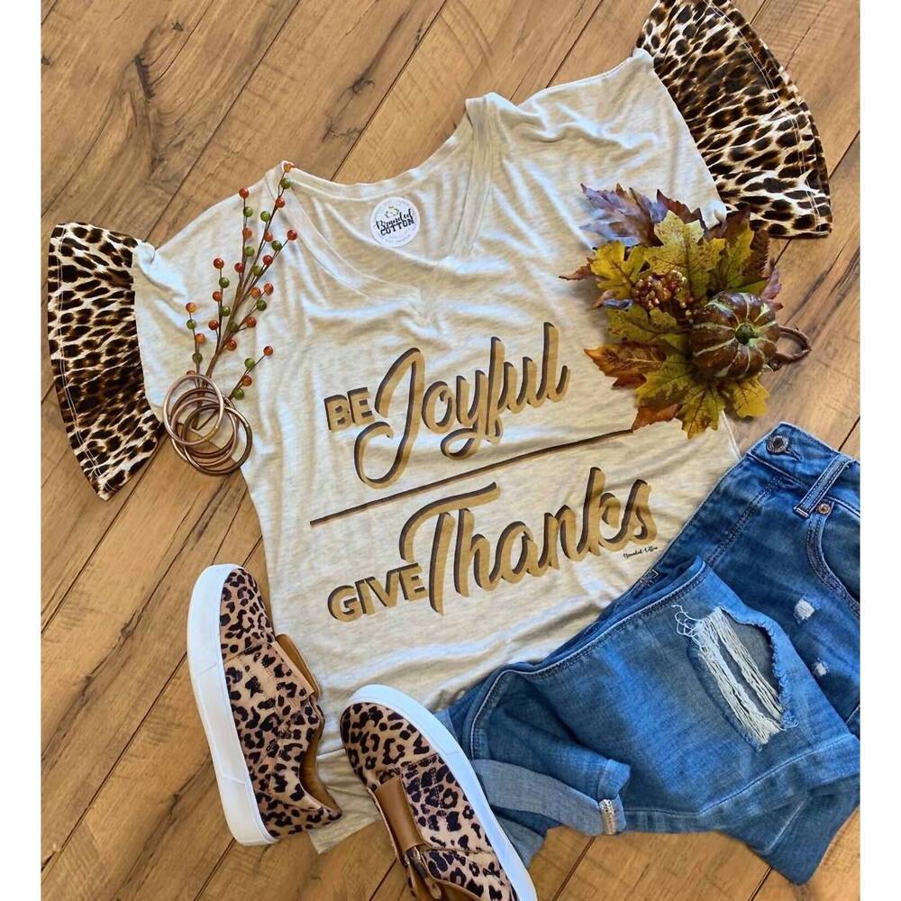NEW BRANDED COTTON women's be joyful & give thanks tee in beige